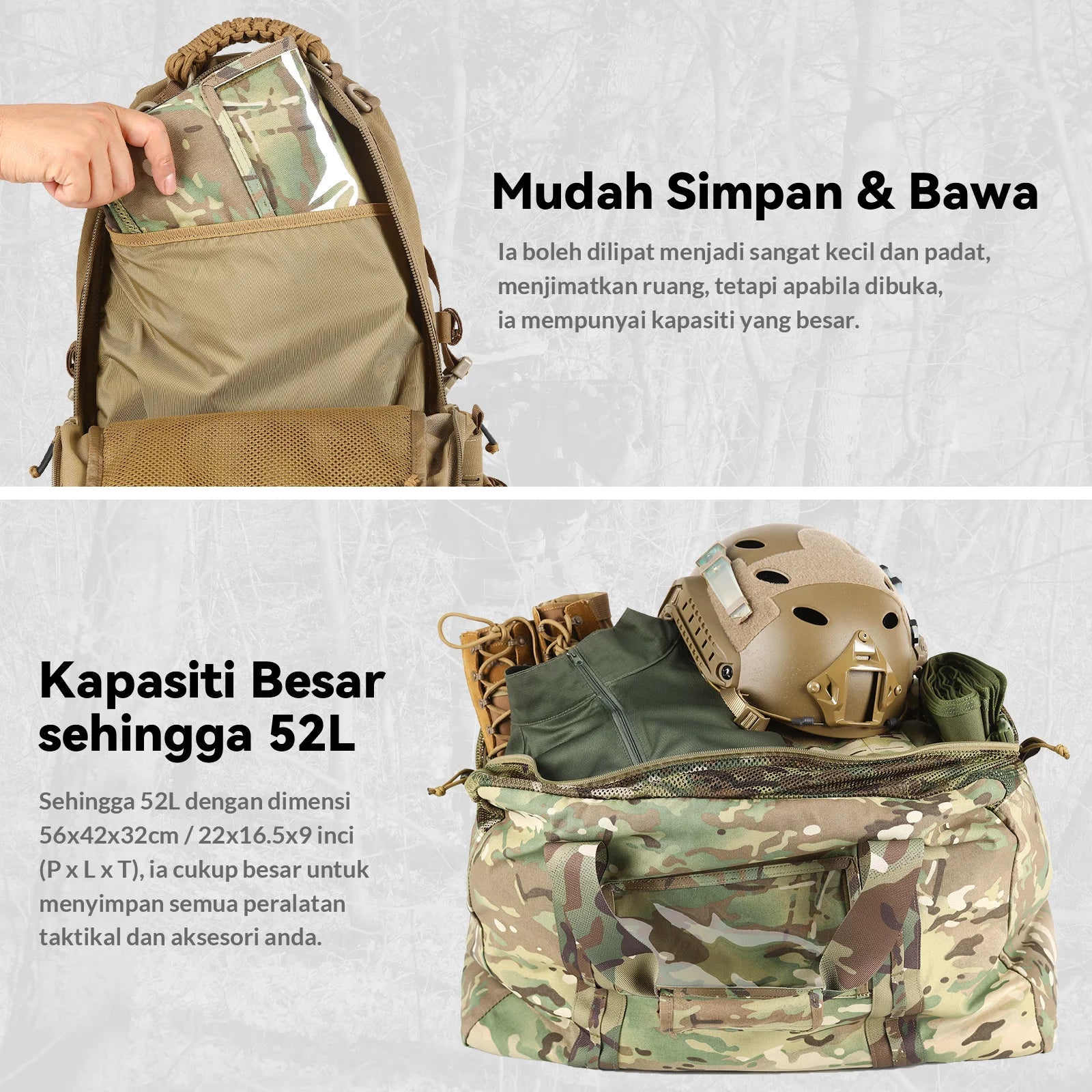 Sac de voyage militaire, sac de voyage extra large et ultra-résistant de 52 L pour l'armée, sac de voyage tactique pour le tir, le camping, la randonnée et les voyages.
