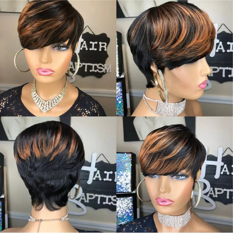 Perruque synthétique WIGERA Highlight, coupe pixie courte et lisse, style bob, mélange miel doré et noir, pour femme