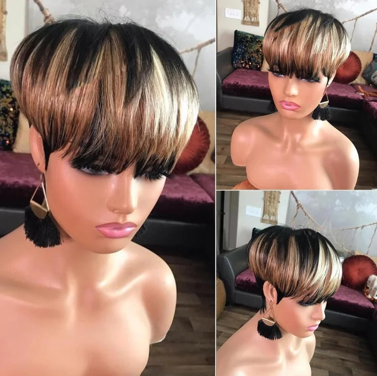 Perruque synthétique WIGERA Highlight, coupe pixie courte et lisse, style bob, mélange miel doré et noir, pour femme