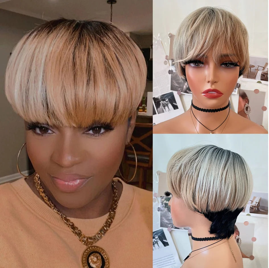Perruque synthétique WIGERA Highlight, coupe pixie courte et lisse, style bob, mélange miel doré et noir, pour femme
