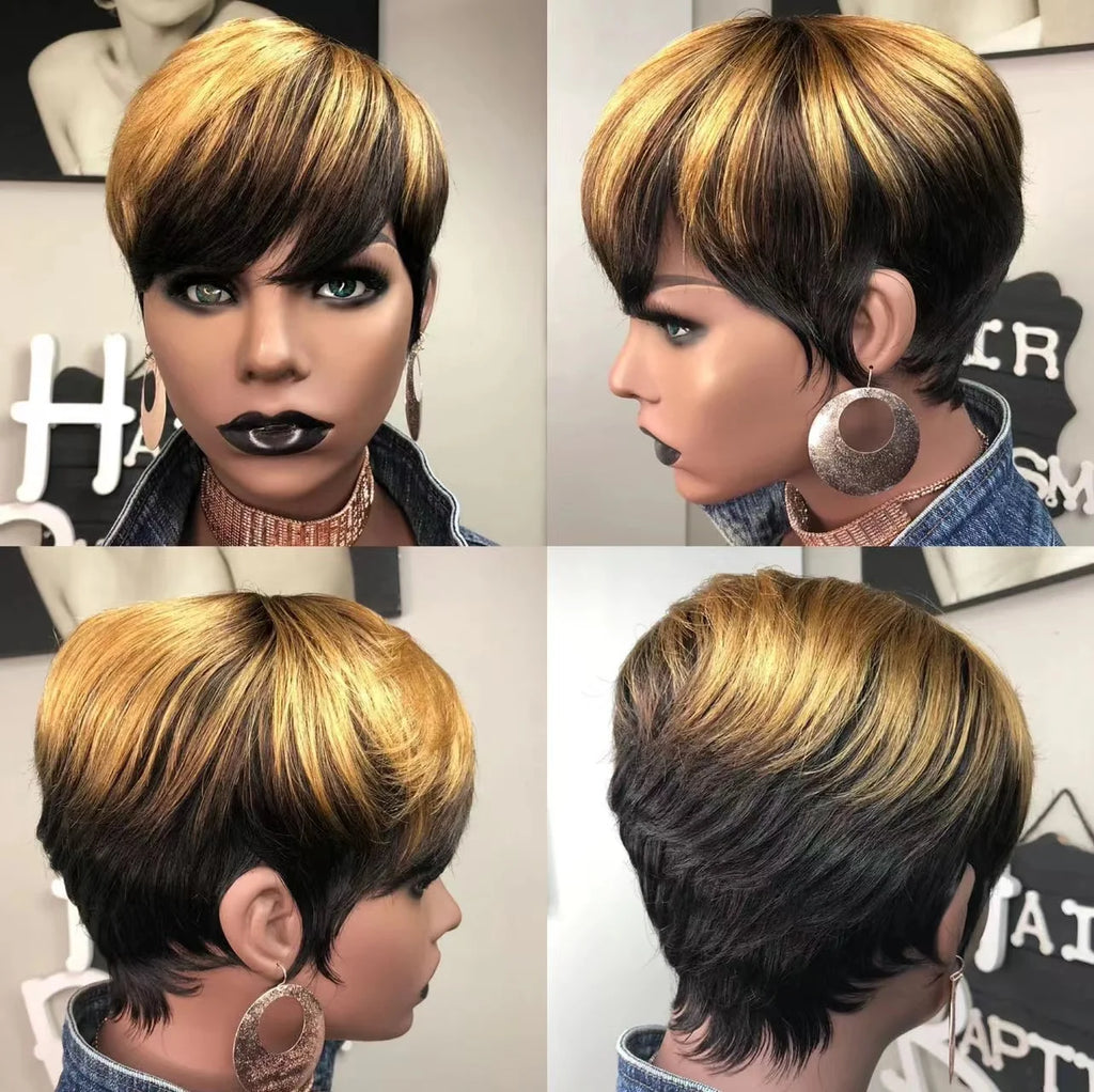 Perruque synthétique WIGERA Highlight, coupe pixie courte et lisse, style bob, mélange miel doré et noir, pour femme