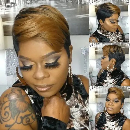 Perruque synthétique WIGERA Highlight, coupe pixie courte et lisse, style bob, mélange miel doré et noir, pour femme