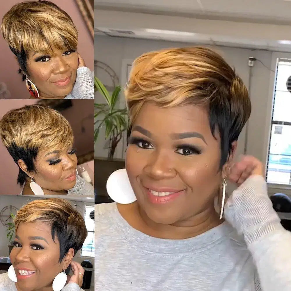 Perruque synthétique WIGERA Highlight, coupe pixie courte et lisse, style bob, mélange miel doré et noir, pour femme
