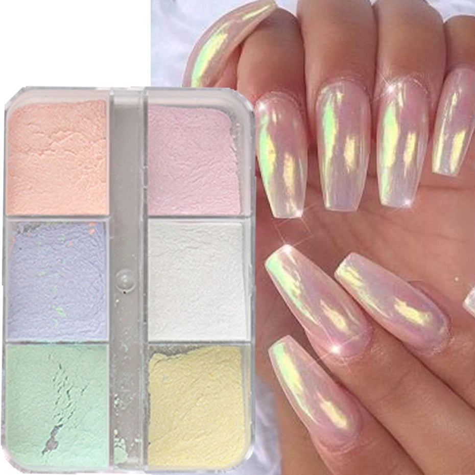 Ongles effet miroir clair de lune, poudre, pigments métalliques chromés, vernis gel, paillettes laser, aurore nacrée brillante, manucure, décoration