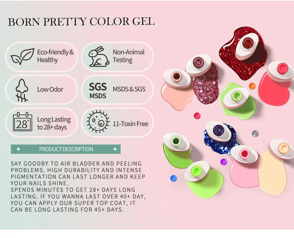 Vernis à ongles gel BORN PRETTY 10 ml, 130 couleurs, semi-permanent, semi-dissolvable, UV, base et top coat.