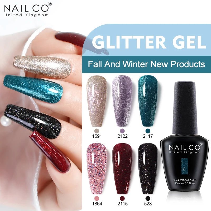 Vernis à ongles gel NAILCO 283 couleurs, base et top coat, semi-permanent, UV, pour nail art et manucure hybride.