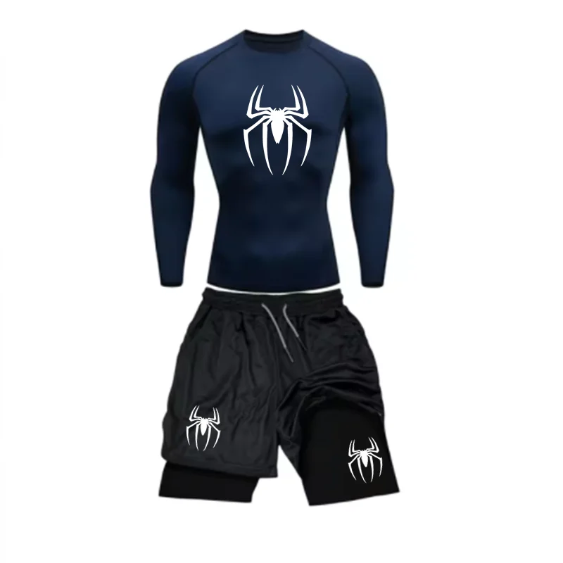 Spring and Autumn Men's Sports Set Quick drying Training Clothes Spider Printed Fitness Top Performance Shorts Gym Casual Sports