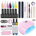 Kit de vernis à ongles semi-permanent avec lampe UV/LED et outils de manucure.