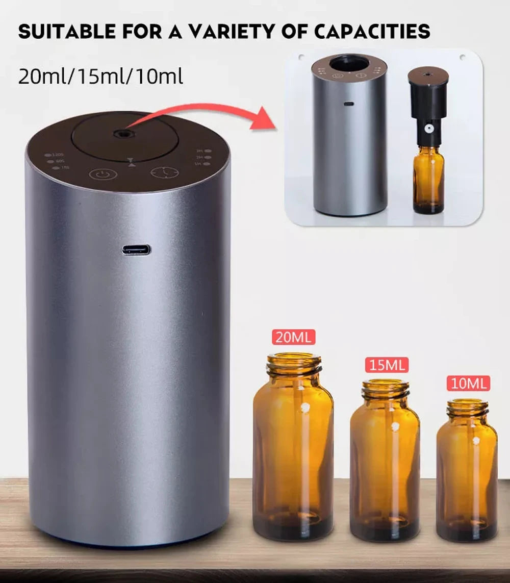 Diffuseur d'arômes sans fil pour voiture avec flacon d'huile essentielle vide de 20 ml. Diffuseur de parfum électrique rechargeable pour la maison et la chambre.