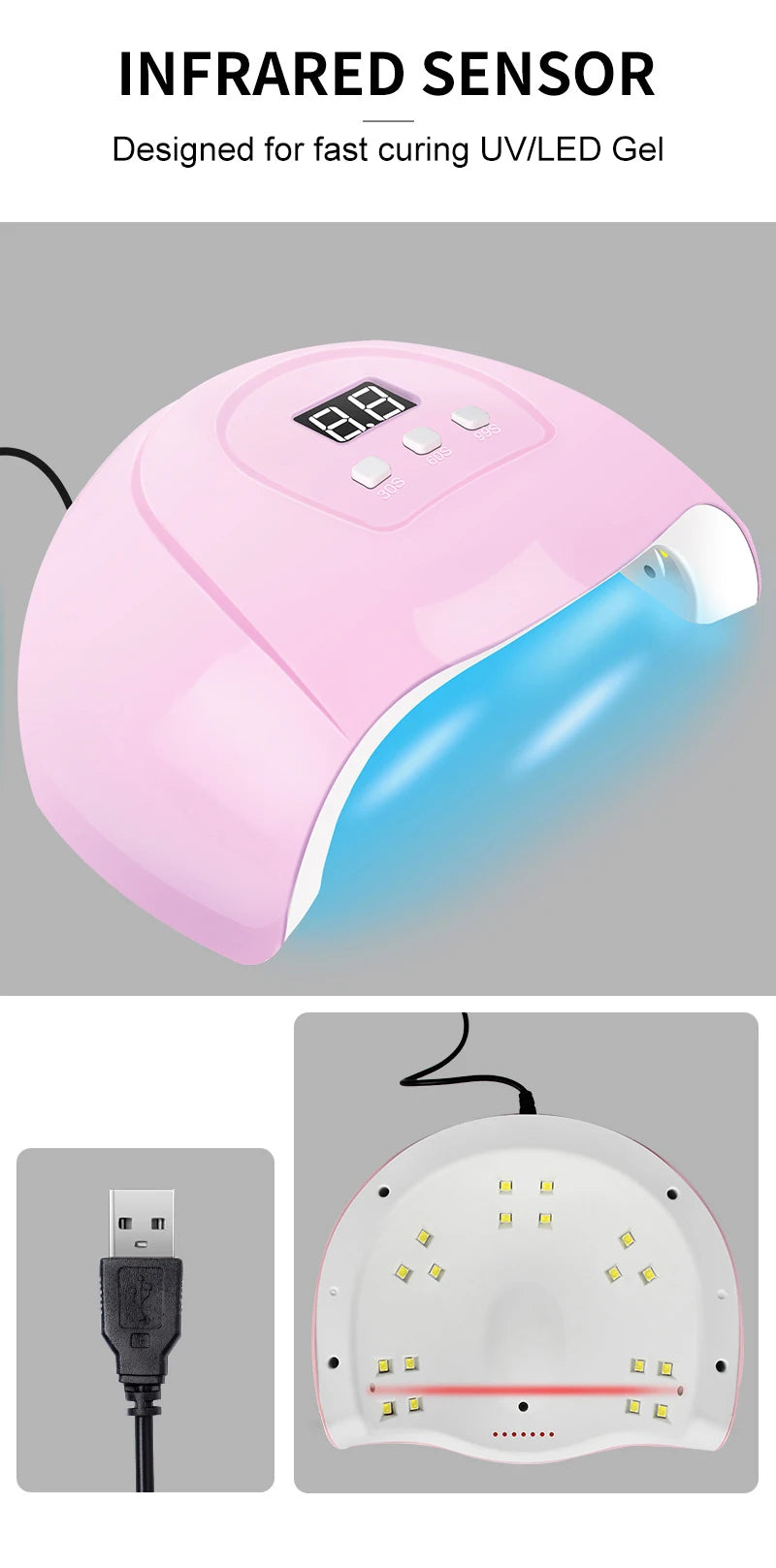 Kit de vernis à ongles semi-permanent avec lampe UV/LED et outils de manucure.