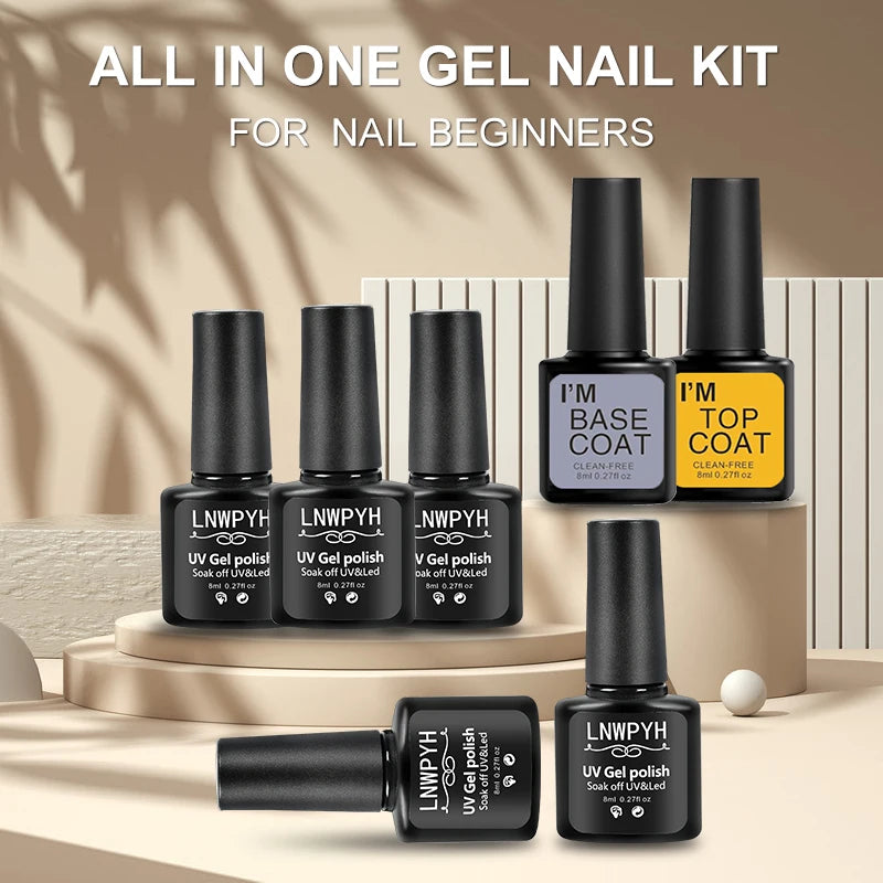 Kit de vernis à ongles semi-permanent avec lampe UV/LED et outils de manucure.