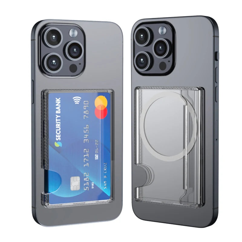Étui portefeuille magnétique transparent avec porte-cartes pour coque MagSafe, compatible iPhone 15 Pro Max, 14 Plus, 13 et Samsung S24 Ultra. Emplacements pour cartes magnétiques.
