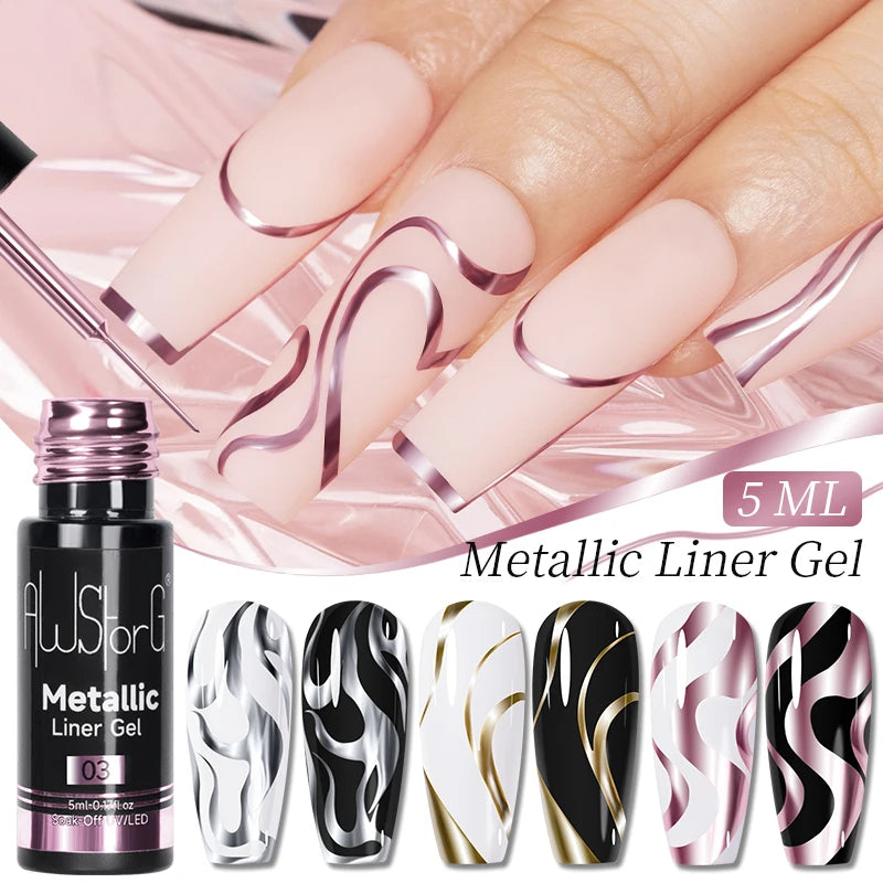 5ML Gold Silver Metallic Liner Paint Gel Polish Chrome Mirror Metal Effect Super Bright French UV LED Semi Permanent Nail Gel