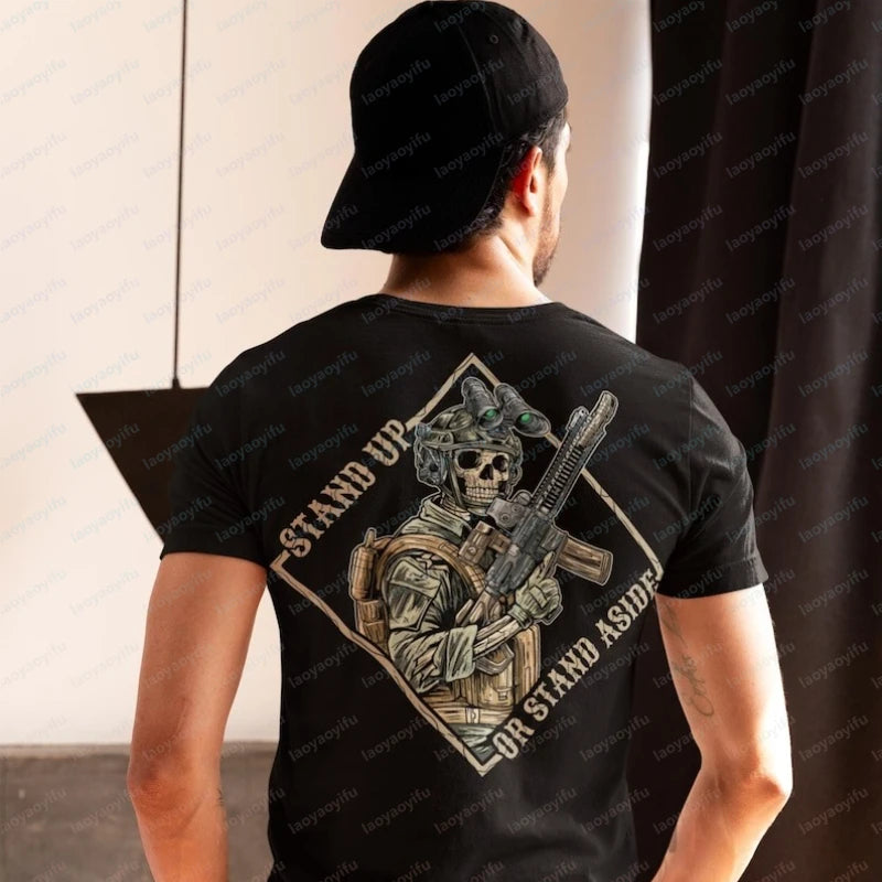 Stand Up or Stand Aside Military T-Shirt - Warrior Skeleton Graphic Tee