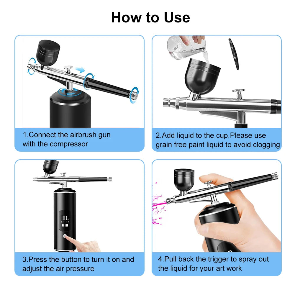 Aérographe portable avec compresseur pour la peinture et le nail art, idéal pour la décoration de gâteaux, le maquillage, les manucures et autres travaux de beauté. Pistolet à peinture portable pour vernis et ongles.