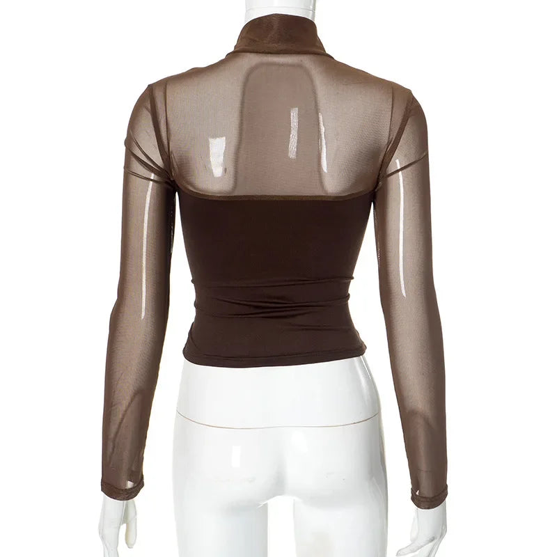 Transparent Mesh T-shirts Women Streetwear Solid Color Aesthetic Clothes Long Sleeve Ropa Mujer Slim Fit Office Lady Outfits