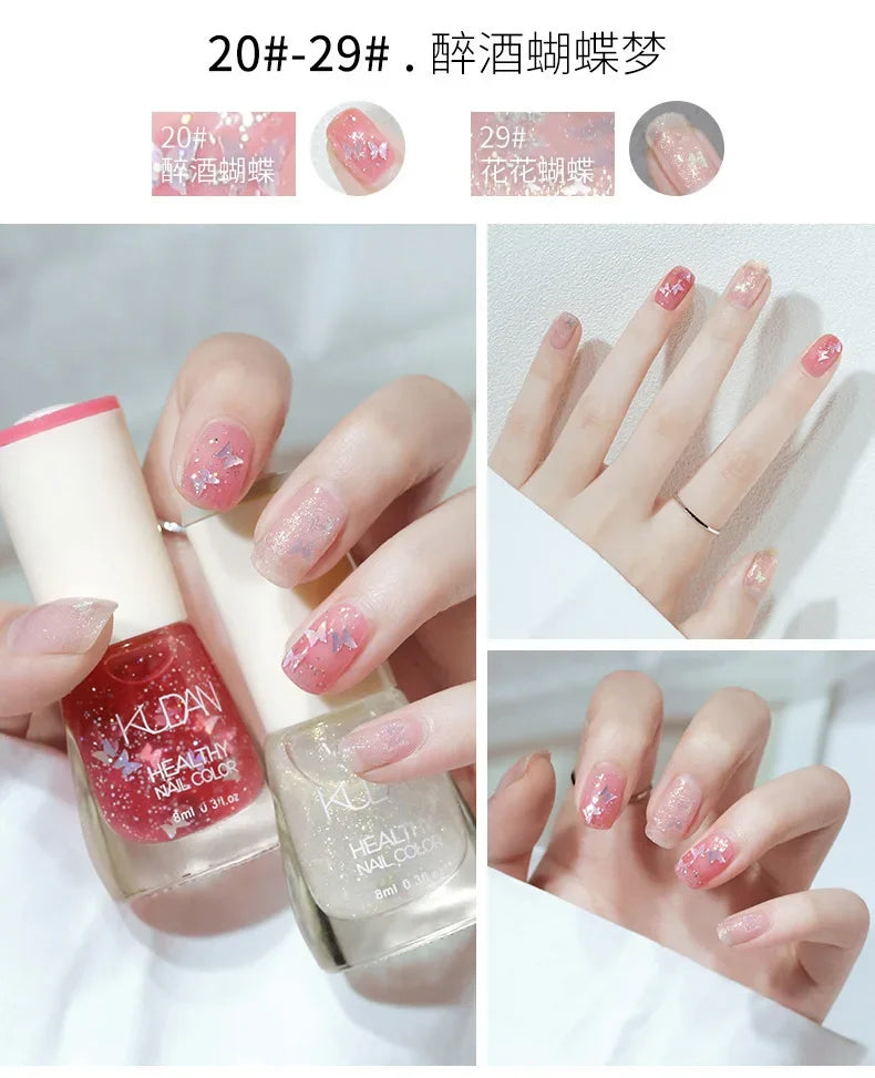 Vernis à ongles sans lampe UV, blanc à fines paillettes, sans cuisson, sans décollement, base huileuse transparente et brillante, couleur nude