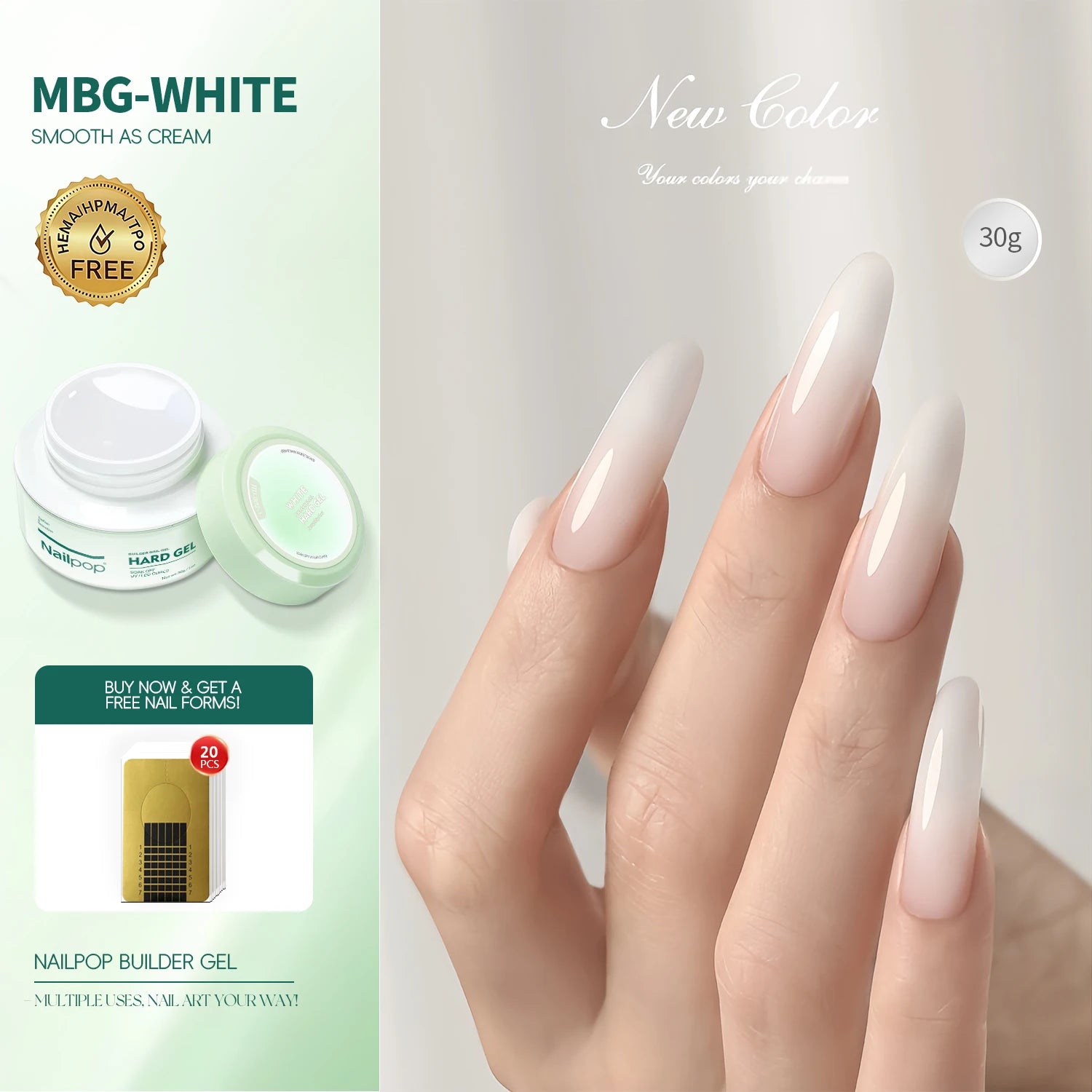 Nailpop Gel Dur Lisse et Laitonné 30/100g Gel UV pour Ongles, Extension Rapide, Longue Tenue, Gel de Construction, Manucure Nail Art
