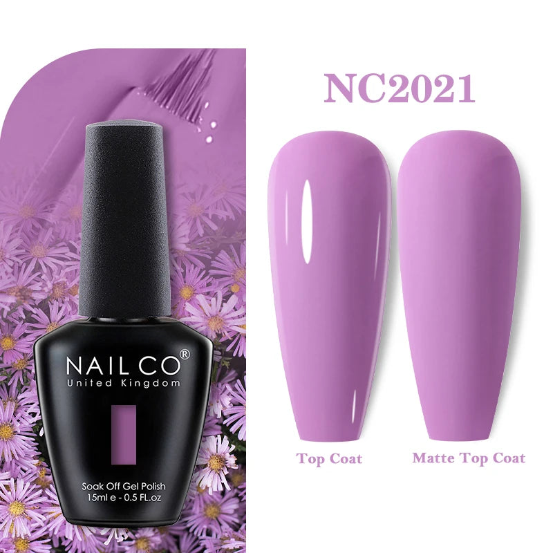 Vernis à ongles gel NAILCO 283 couleurs, base et top coat, semi-permanent, UV, pour nail art et manucure hybride.