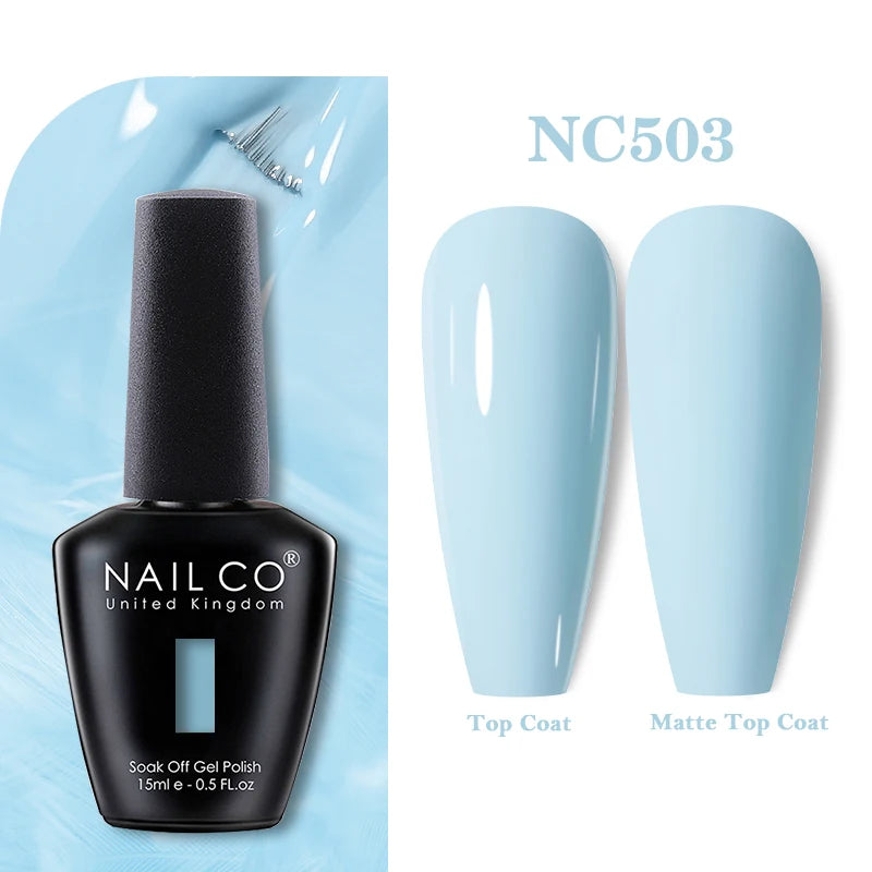 Vernis à ongles gel NAILCO 283 couleurs, base et top coat, semi-permanent, UV, pour nail art et manucure hybride.