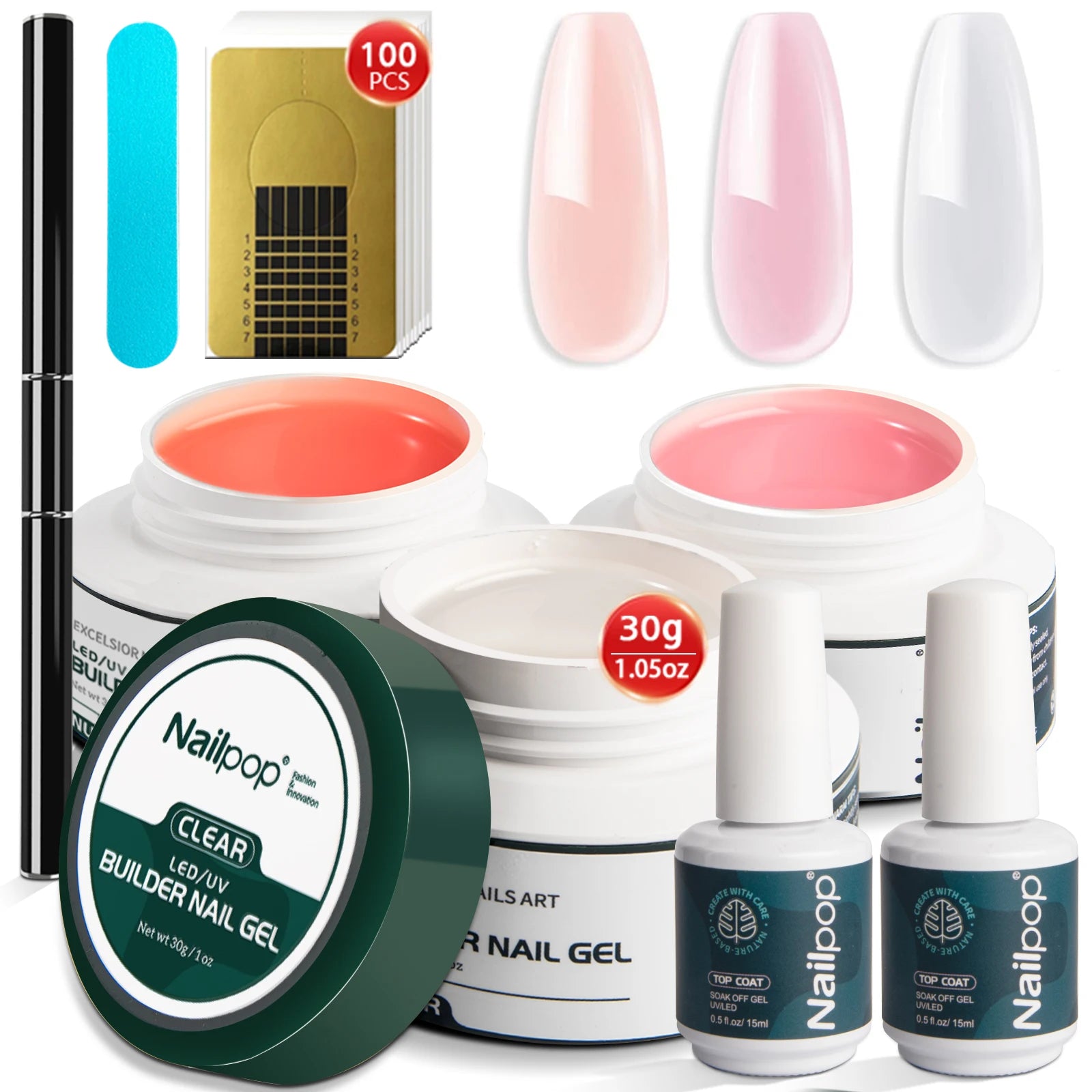 Kit professionnel de gel de construction - 3 couleurs (transparent, rose, nude) avec outils