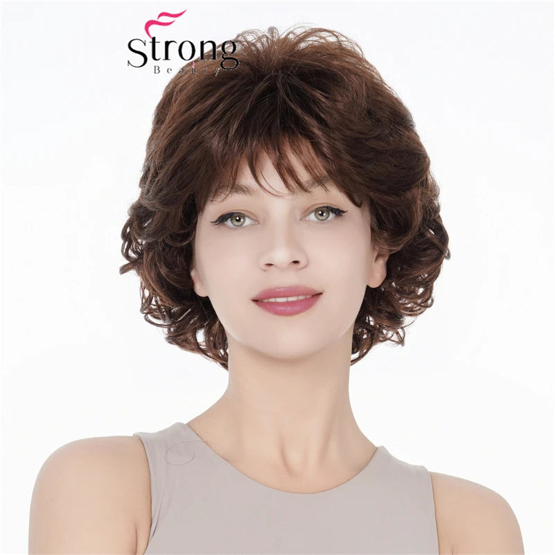 Strongbeauty Short Wavy Auburn Brown Synthetic Hair Thick Wig Full wig for Women