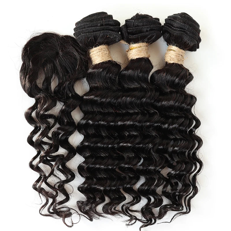 Kinky Curly Human Hair Bundles Short Brazilian Hair Weaves 3 Bundles With Closure Natural Black Curly Bundles With Closure