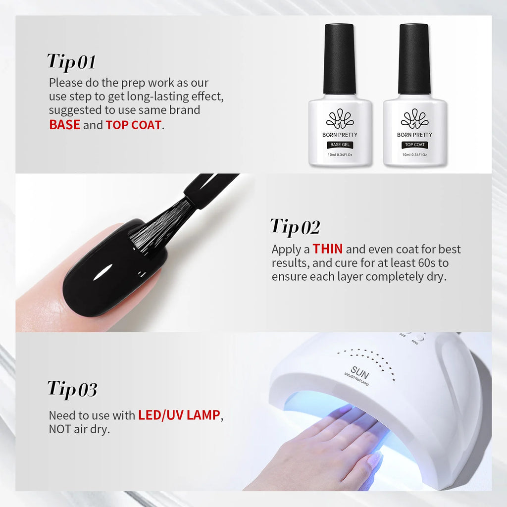 Vernis à ongles gel BORN PRETTY 10 ml, 130 couleurs, semi-permanent, semi-dissolvable, UV, base et top coat.