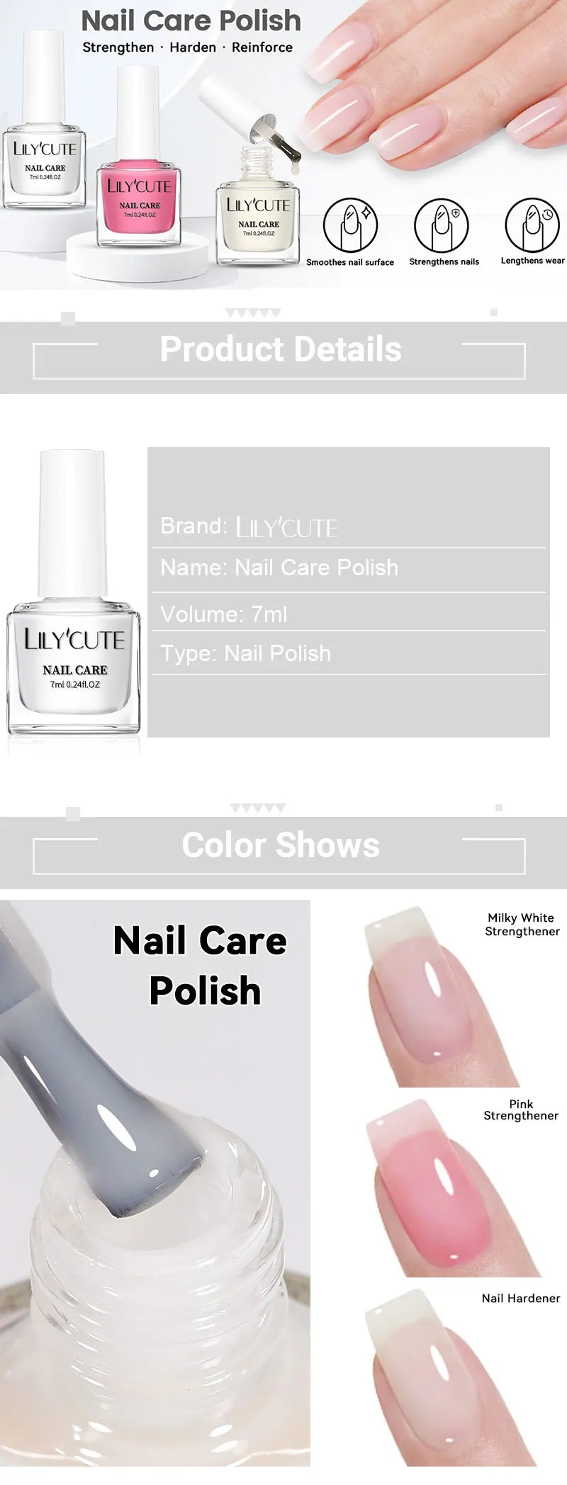 LILYCUTE Nail Strengthener Polish - Milky White Pink Care Varnish 7ML