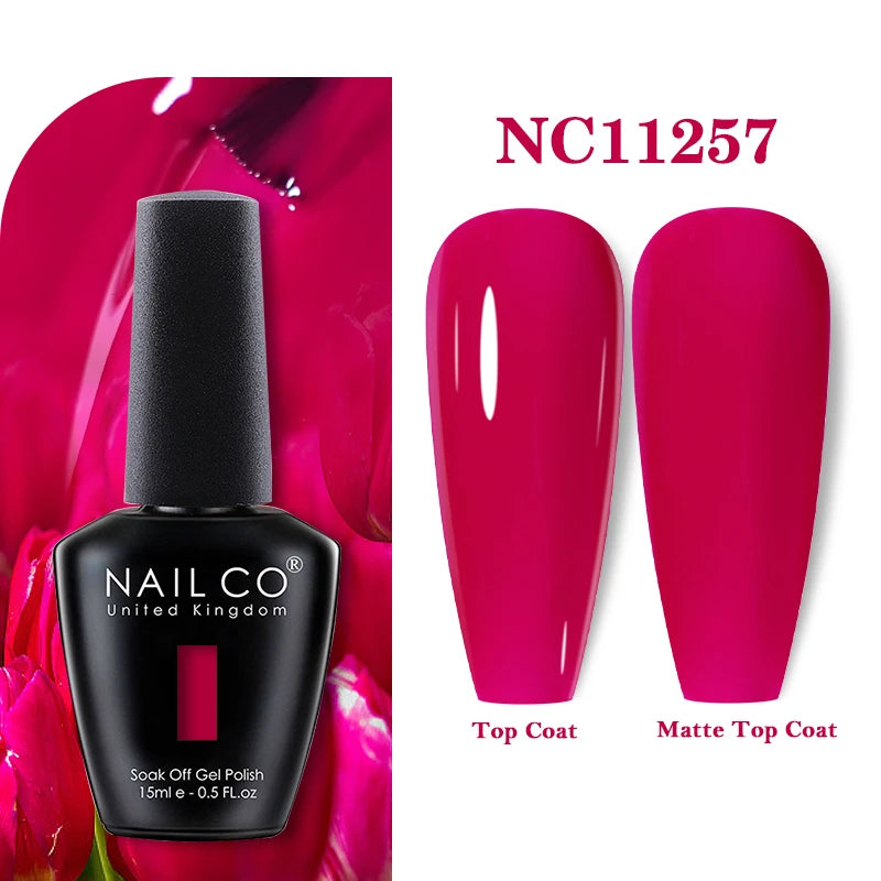 Vernis à ongles gel NAILCO 283 couleurs, base et top coat, semi-permanent, UV, pour nail art et manucure hybride.