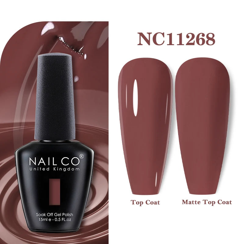 Vernis à ongles gel NAILCO 283 couleurs, base et top coat, semi-permanent, UV, pour nail art et manucure hybride.