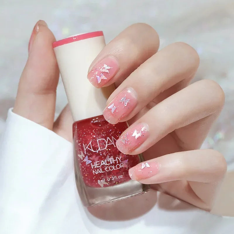 Vernis à ongles sans lampe UV, blanc à fines paillettes, sans cuisson, sans décollement, base huileuse transparente et brillante, couleur nude
