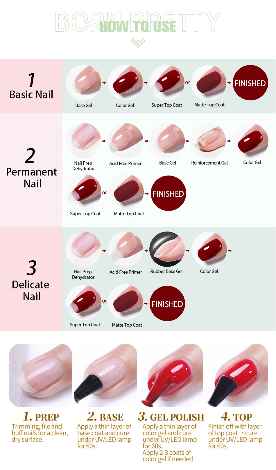 Vernis à ongles gel BORN PRETTY 10 ml, 130 couleurs, semi-permanent, semi-dissolvable, UV, base et top coat.