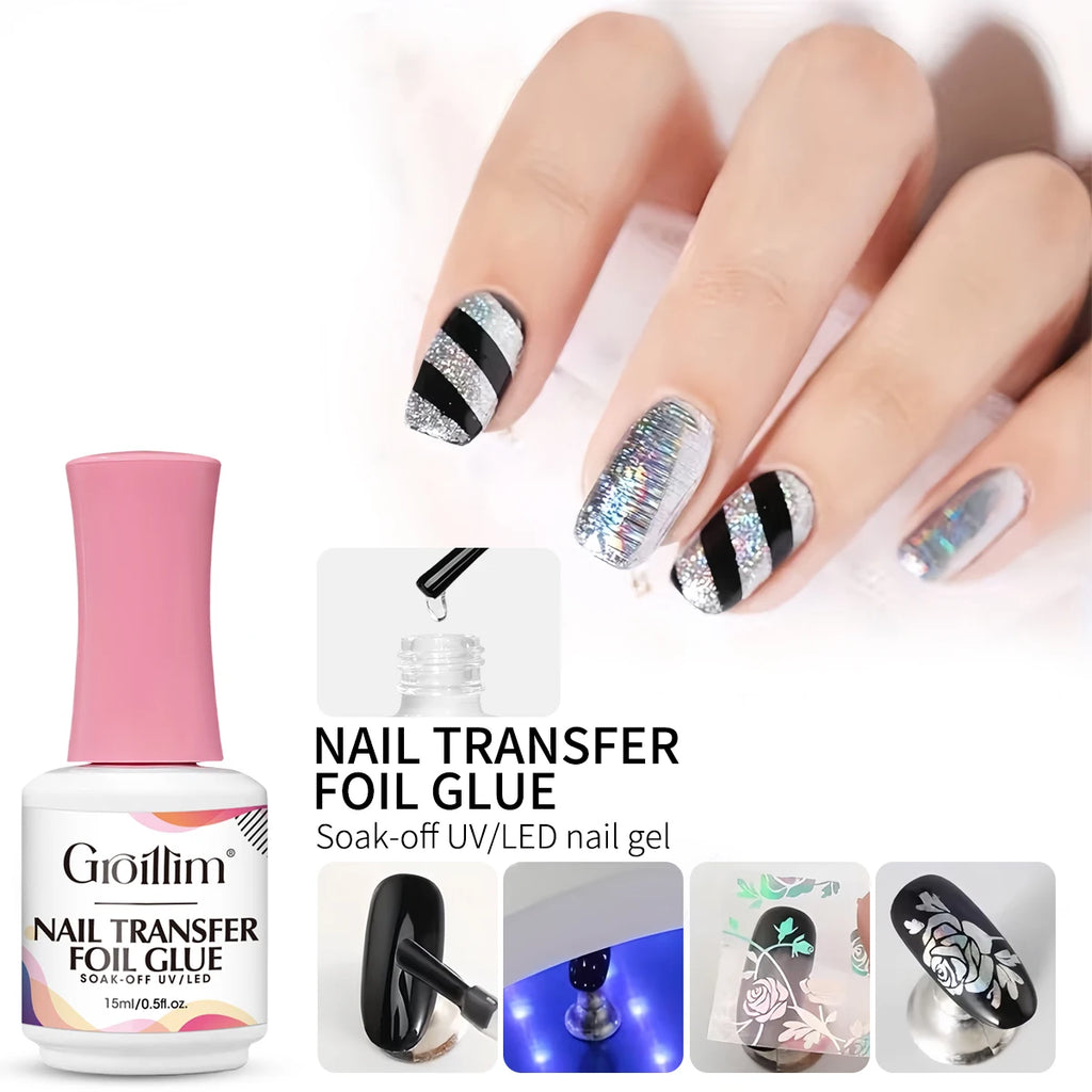 Colle pour nail art métallisé, colle de transfert pour stickers métallisés, idéale pour le nail art DIY, nécessite un éclairage LED.