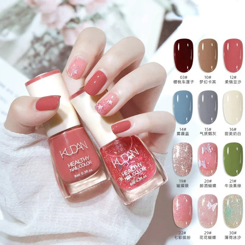 Vernis à ongles sans lampe UV, blanc à fines paillettes, sans cuisson, sans décollement, base huileuse transparente et brillante, couleur nude