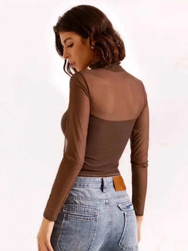 Transparent Mesh T-shirts Women Streetwear Solid Color Aesthetic Clothes Long Sleeve Ropa Mujer Slim Fit Office Lady Outfits
