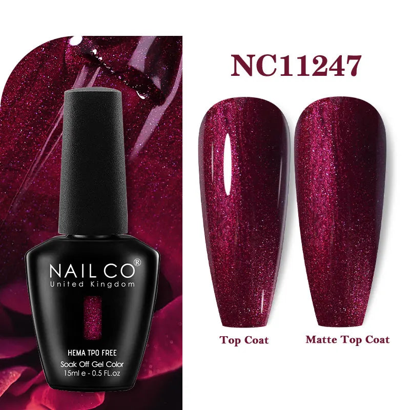 Vernis à ongles gel NAILCO 283 couleurs, base et top coat, semi-permanent, UV, pour nail art et manucure hybride.