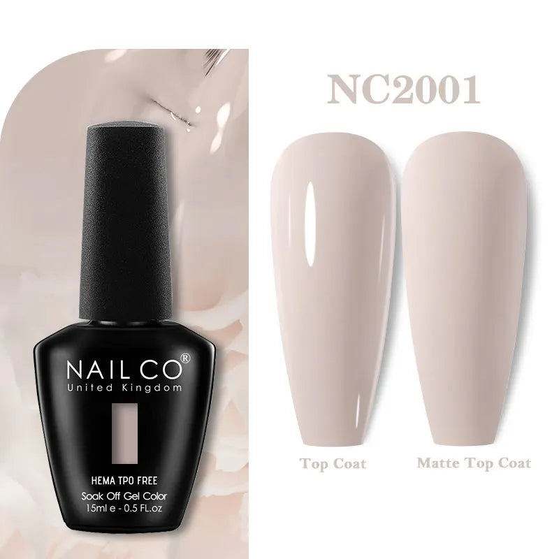 Vernis à ongles gel NAILCO 283 couleurs, base et top coat, semi-permanent, UV, pour nail art et manucure hybride.