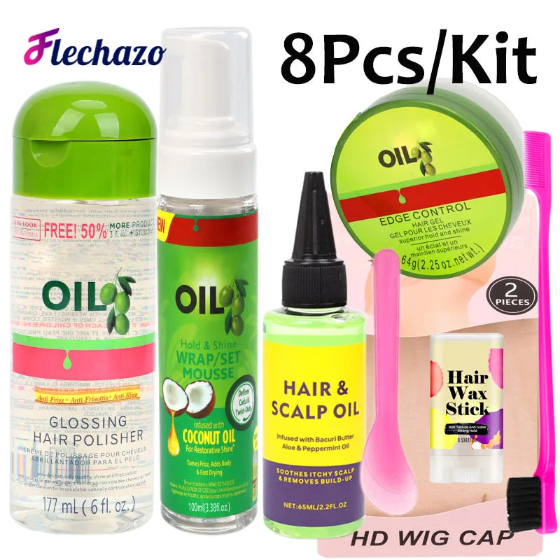 Wig Installation Kit Set 8Pcs Hair Mousse Glossing Hair Polisher Scalp Oil Edge Control HD Wig Cap Hair Wax Stick Hair Brush
