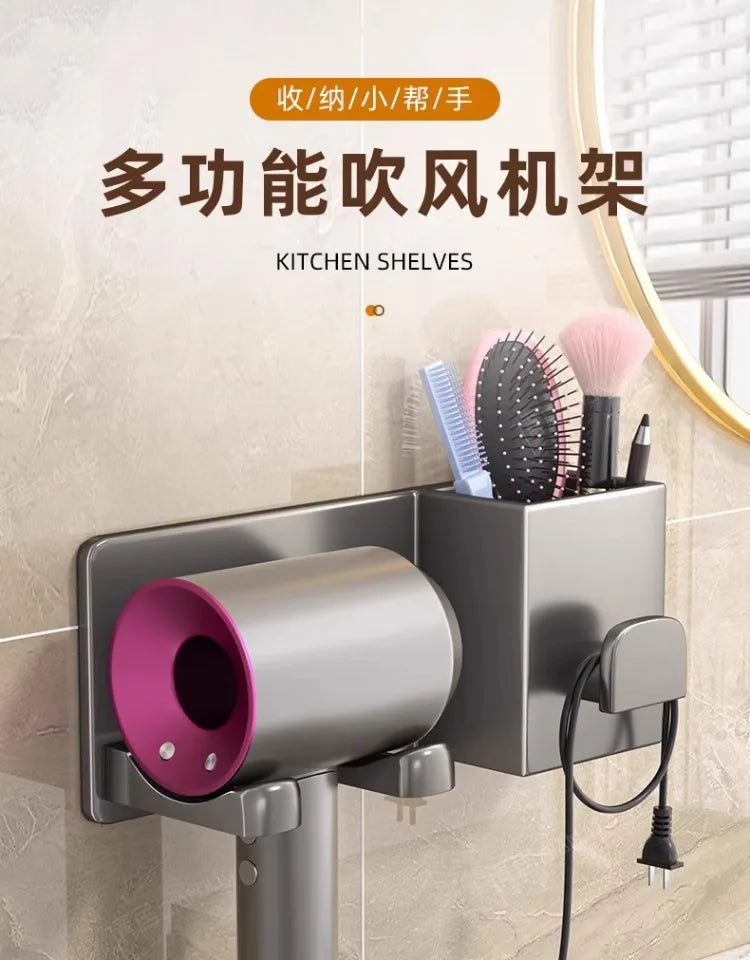 Support pour sèche-cheveux de salle de bain - Étagère de rangement à suspendre à la porte, porte-serviettes et accessoires de salle de bain