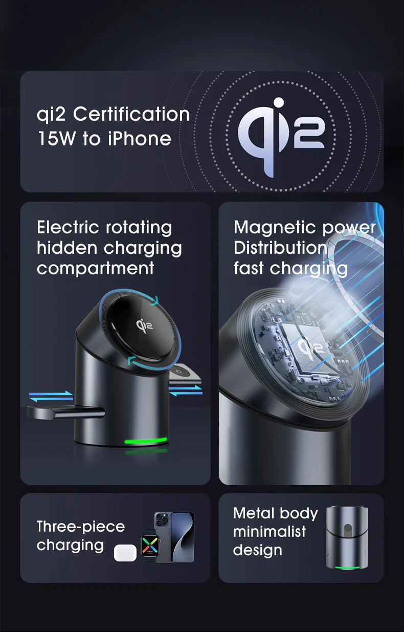 Chargeur sans fil magnétique intelligent Qi2 3 en 1 de 15 W avec rotation automatique pour Android, iPhone, iWatch et AirPods, station de charge rapide MagSafe