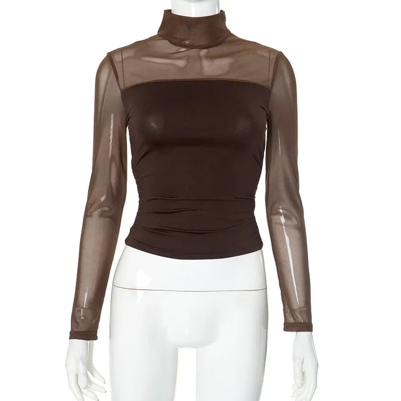 Transparent Mesh T-shirts Women Streetwear Solid Color Aesthetic Clothes Long Sleeve Ropa Mujer Slim Fit Office Lady Outfits