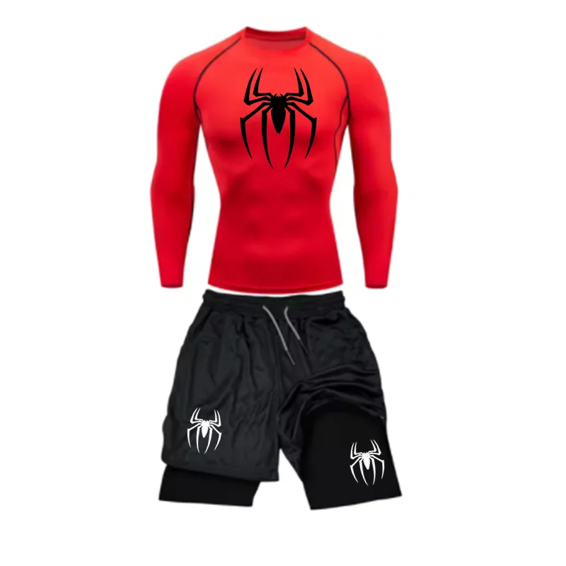 Spring and Autumn Men's Sports Set Quick drying Training Clothes Spider Printed Fitness Top Performance Shorts Gym Casual Sports