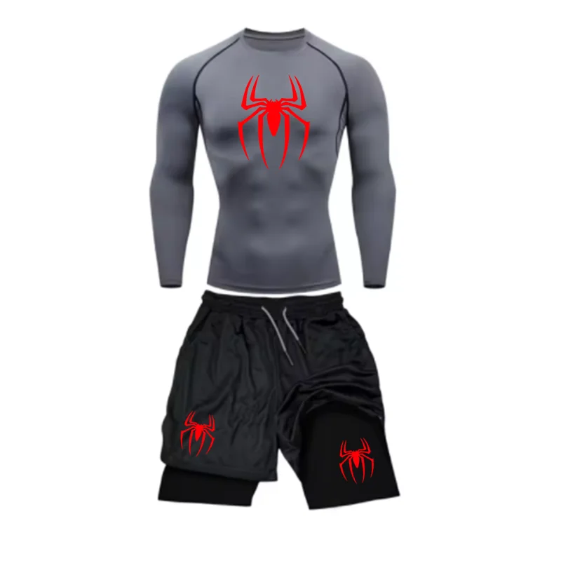 Spring and Autumn Men's Sports Set Quick drying Training Clothes Spider Printed Fitness Top Performance Shorts Gym Casual Sports