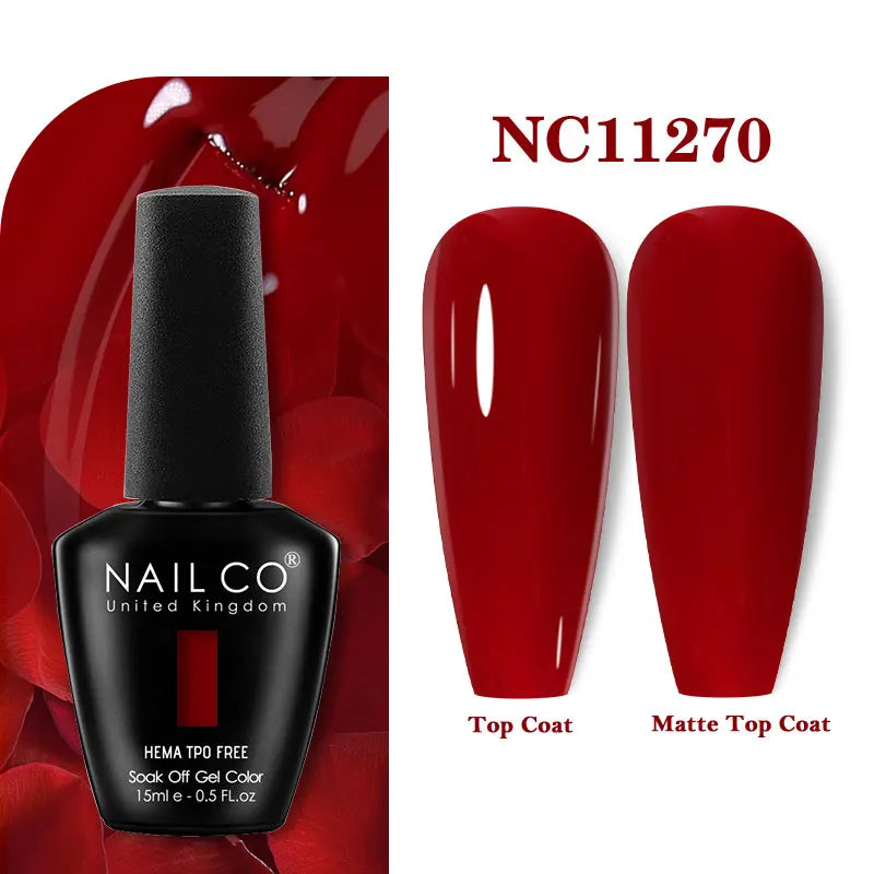 Vernis à ongles gel NAILCO 283 couleurs, base et top coat, semi-permanent, UV, pour nail art et manucure hybride.