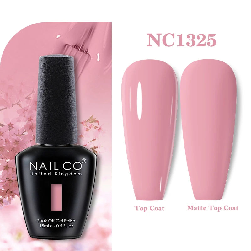 Vernis à ongles gel NAILCO 283 couleurs, base et top coat, semi-permanent, UV, pour nail art et manucure hybride.