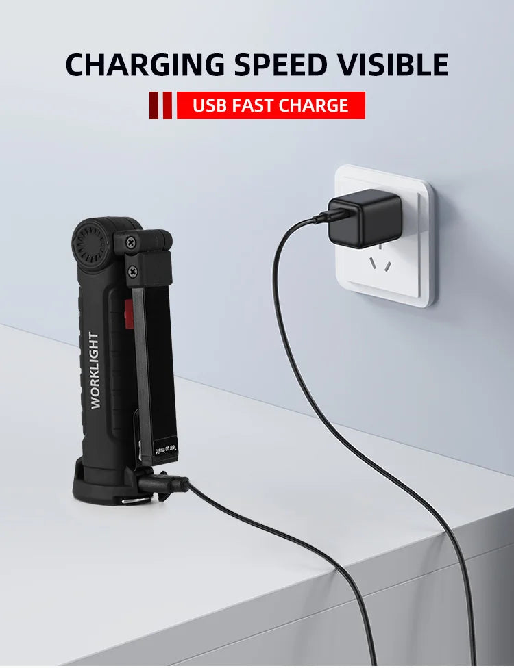 Lampe torche LED de camping rechargeable USB, lampe de travail magnétique avec crochet, étanche, mode d'éclairage adapté au travail de nuit.
