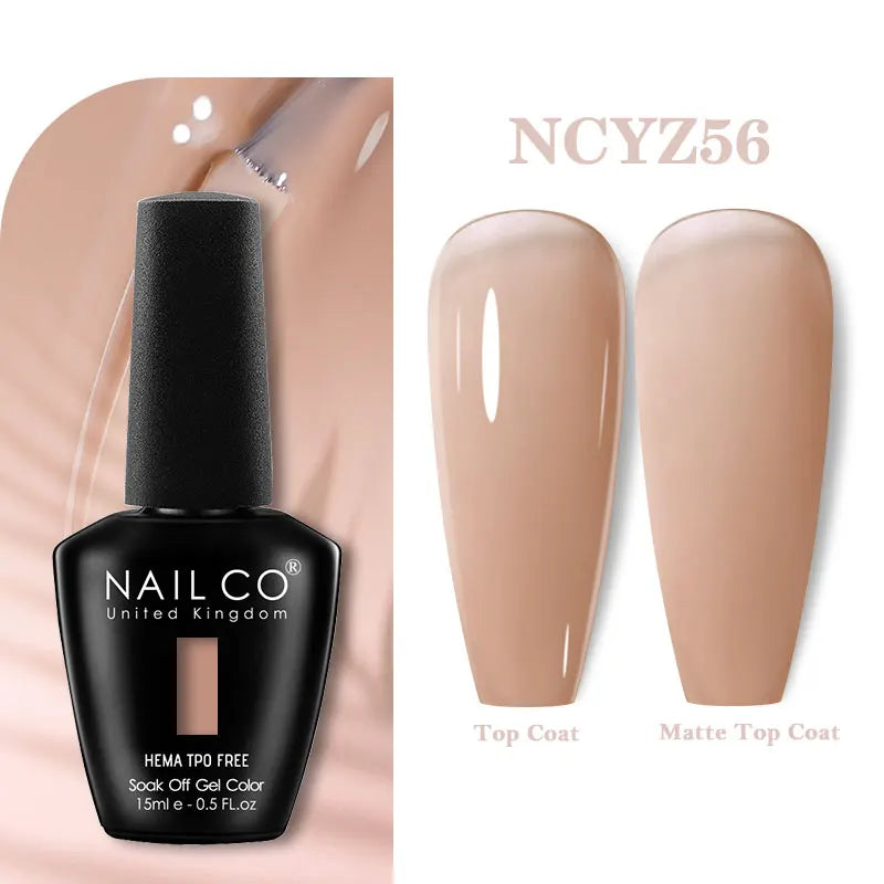 Vernis à ongles gel NAILCO 283 couleurs, base et top coat, semi-permanent, UV, pour nail art et manucure hybride.