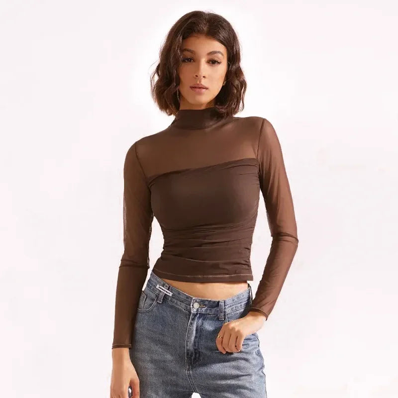 Transparent Mesh T-shirts Women Streetwear Solid Color Aesthetic Clothes Long Sleeve Ropa Mujer Slim Fit Office Lady Outfits