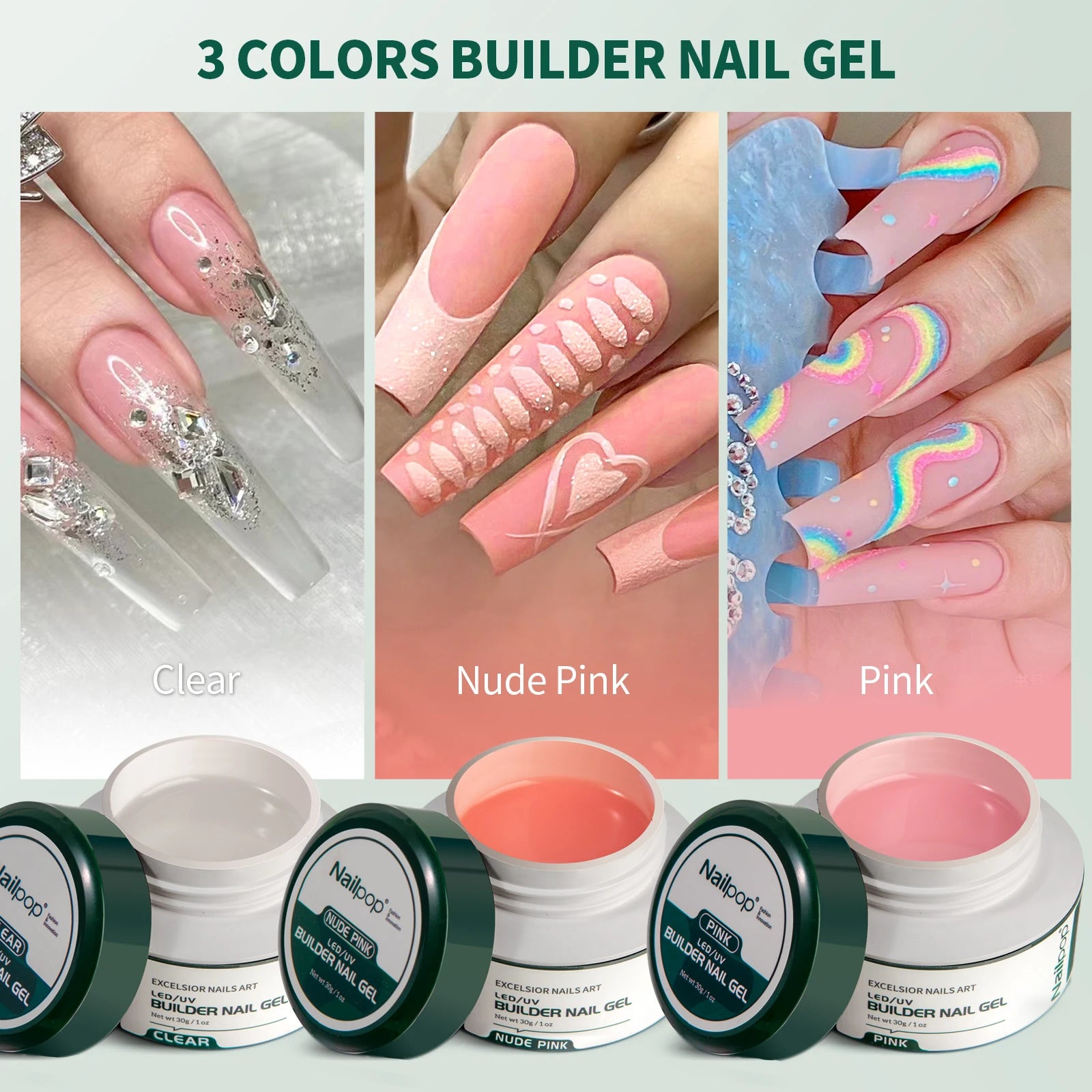 Kit professionnel de gel de construction - 3 couleurs (transparent, rose, nude) avec outils